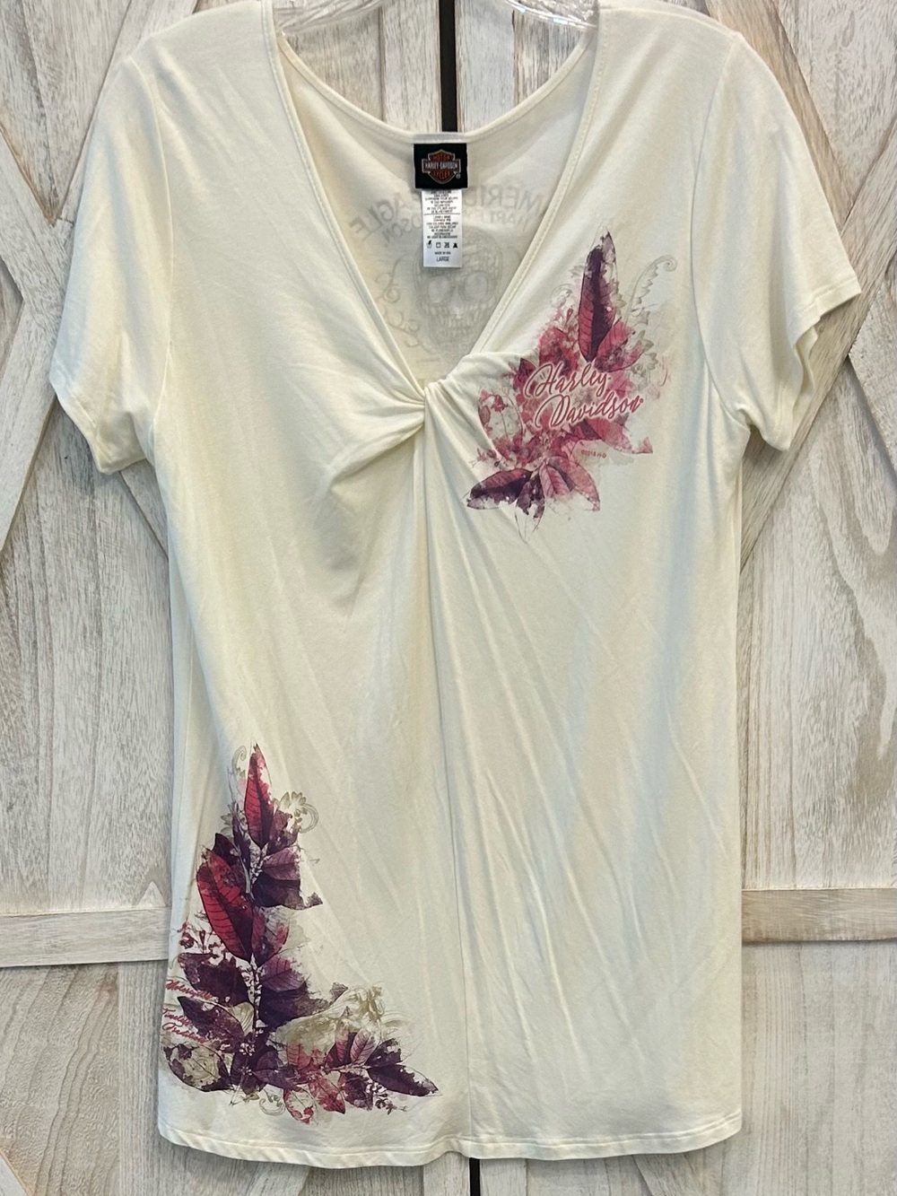 Harley-Davidson American Eagle Denton, Tx Dealer Cream VNeck Twist Front Floral